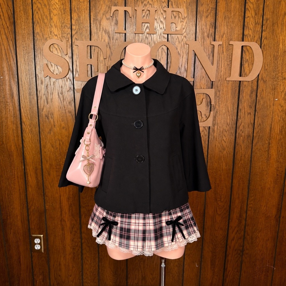 Twee Black Cropped Peacoat Kim Rogers Women 12P Preppy Mod Minimalist Coat
